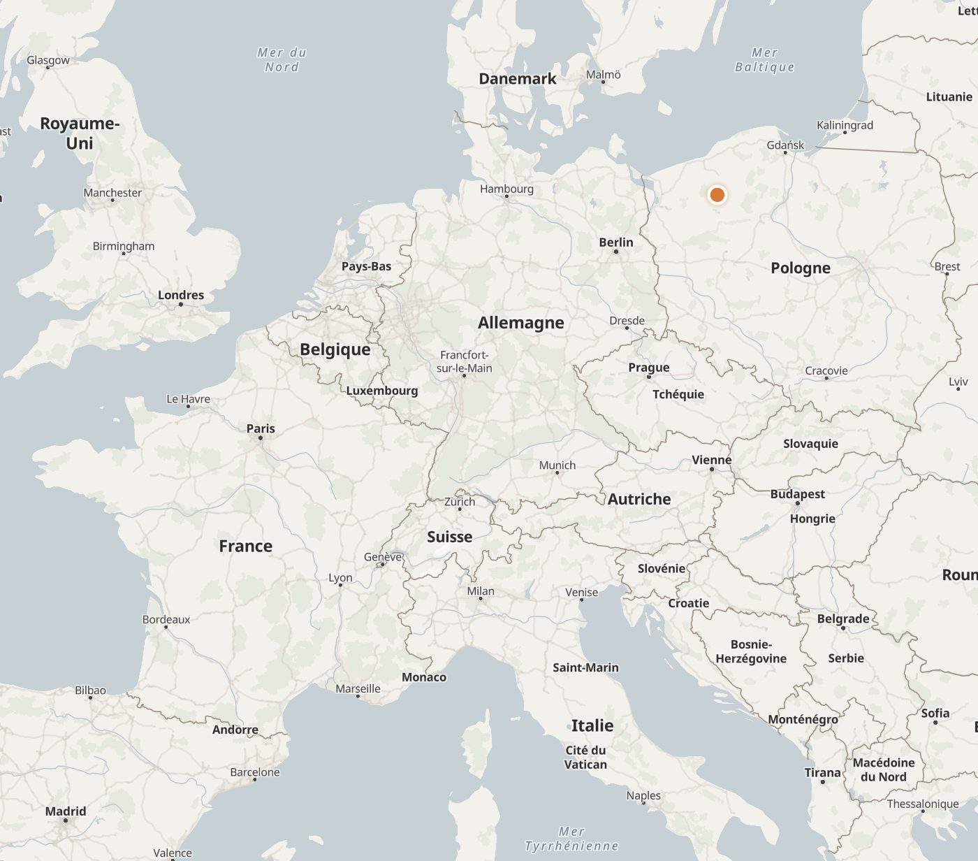 Carte de la France et de l’Europe centrale jusqu’à la Pologne, avec l’usine Animus signalée à Borne Sulinowo